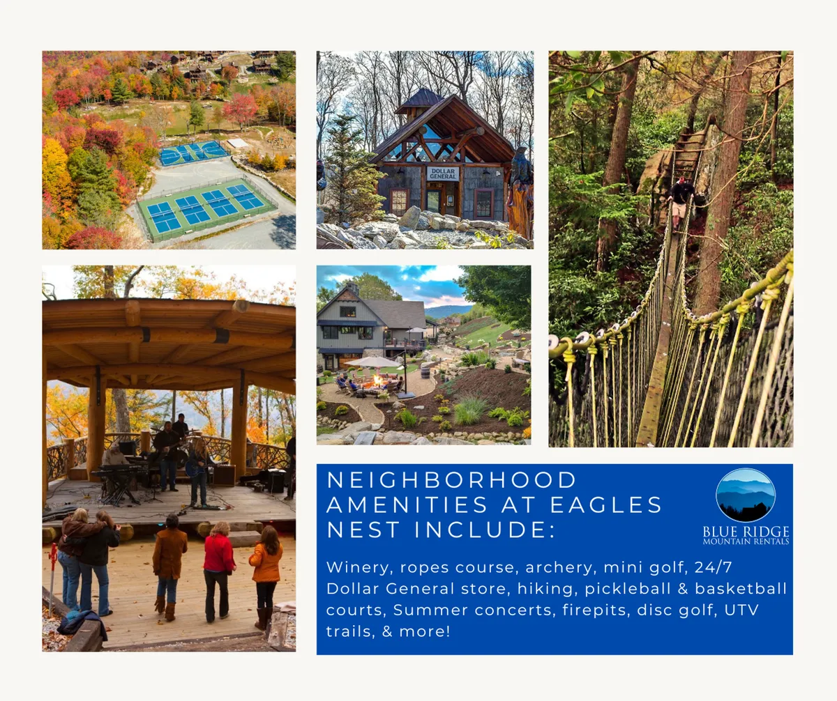 This vibrant exterior shot captures the community’s tennis courts, an inviting mountain lodge, an outdoor stage (amphitheater), a visible hiking trail, and a mini-golf area. The lively scene conveys the wide variety of recreational amenities that define the Eagles Nest community.