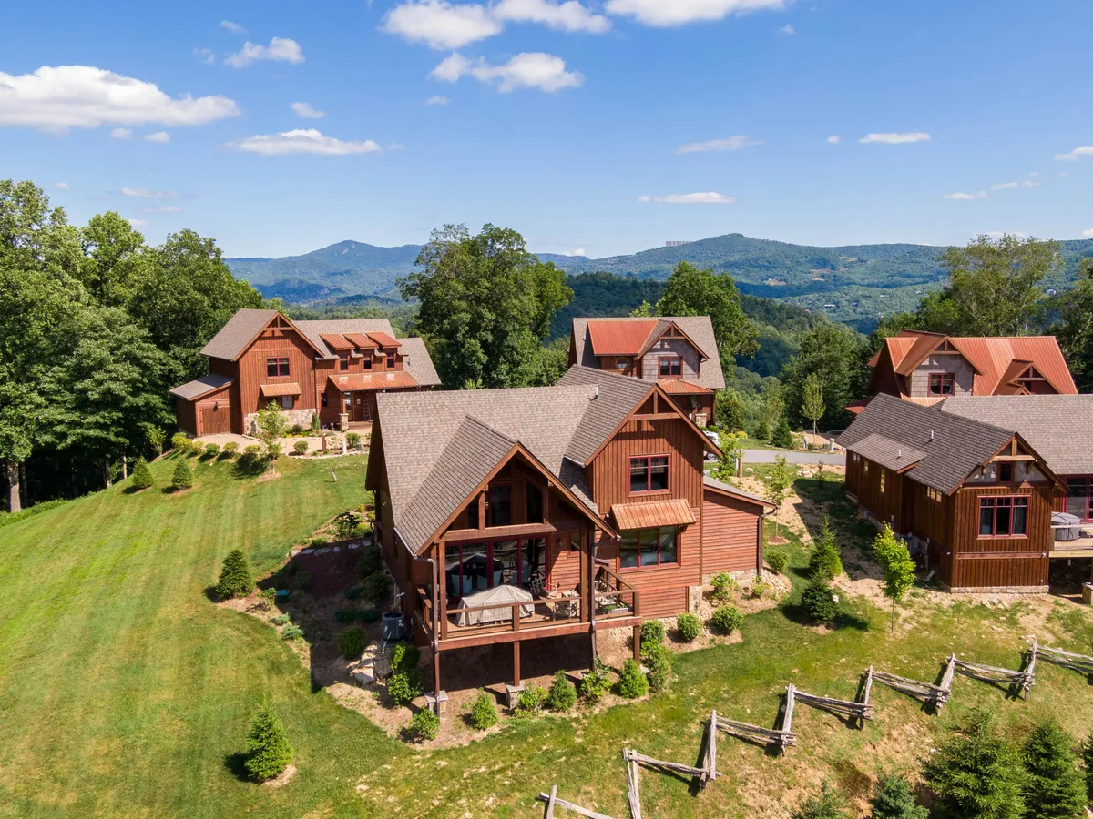 This image showcases several wooden cabins surrounded by a lush green lawn, with a fenced area and a striking mountain backdrop. The open grassy space suggests ample room for outdoor activities and is well-suited for pets to explore under supervision. The fencing provides a visual cue for safe, pet-friendly boundaries, while the inviting natural setting connects directly to the idea of outdoor adventures for both people and dogs.